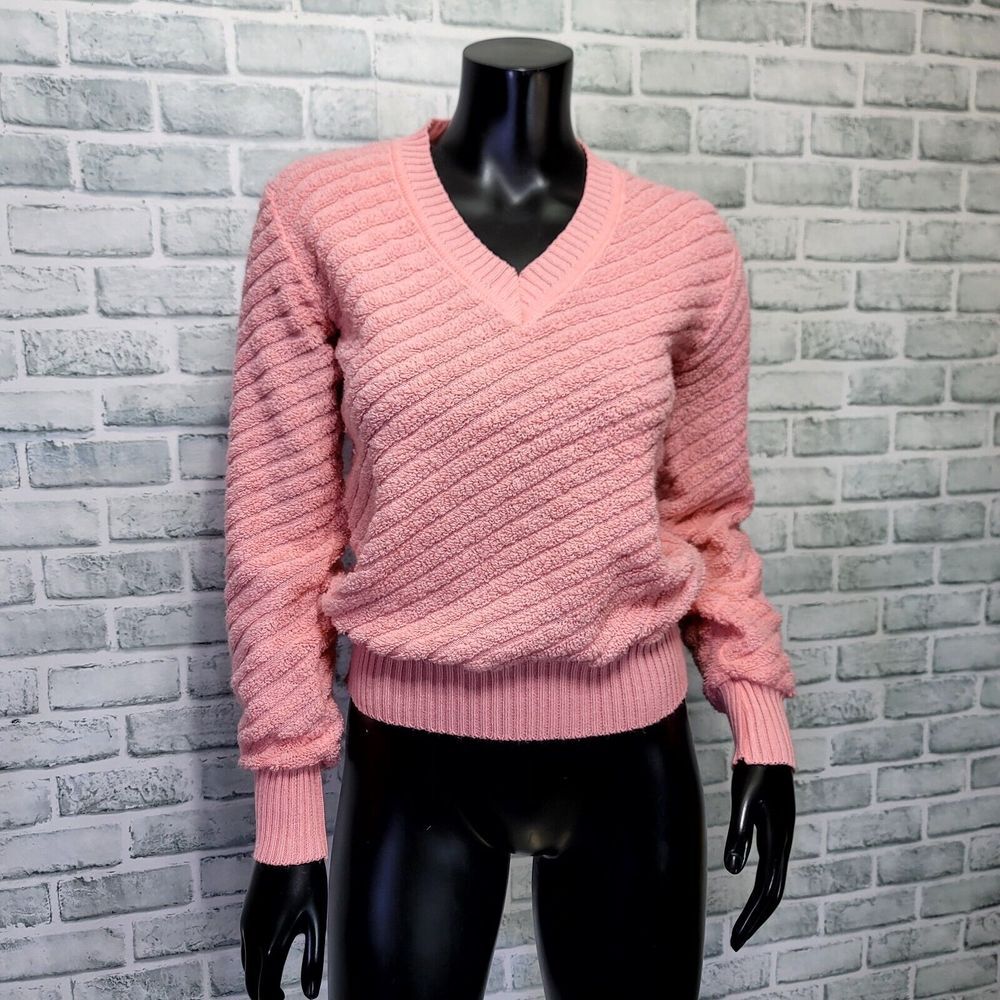 Vintage 80s Womens M Pink Terry Knit Ribbed Vneck Long Sleeve Pullover Sweater